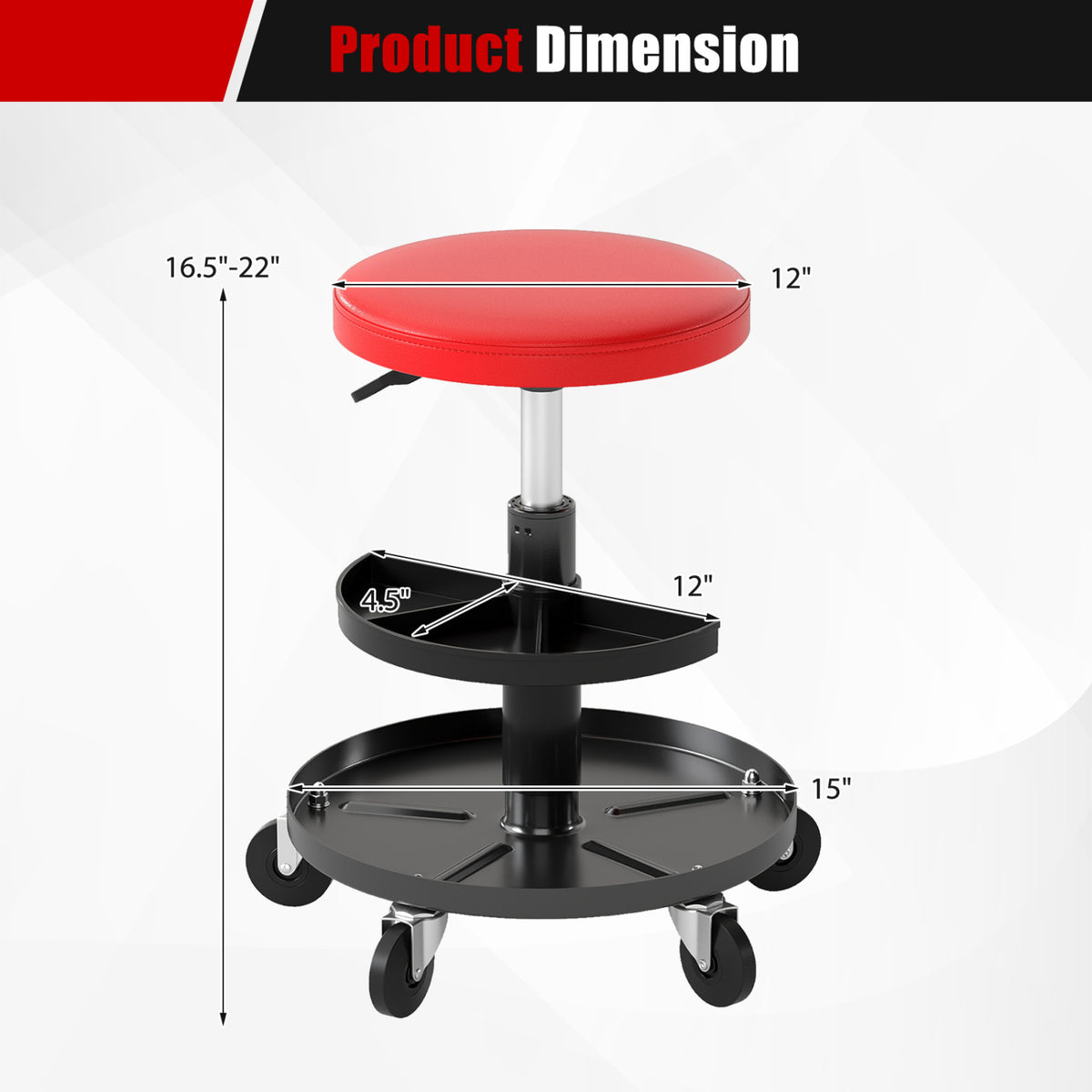 Adjustable Rolling Mechanic Stool with Tool Trays - Red