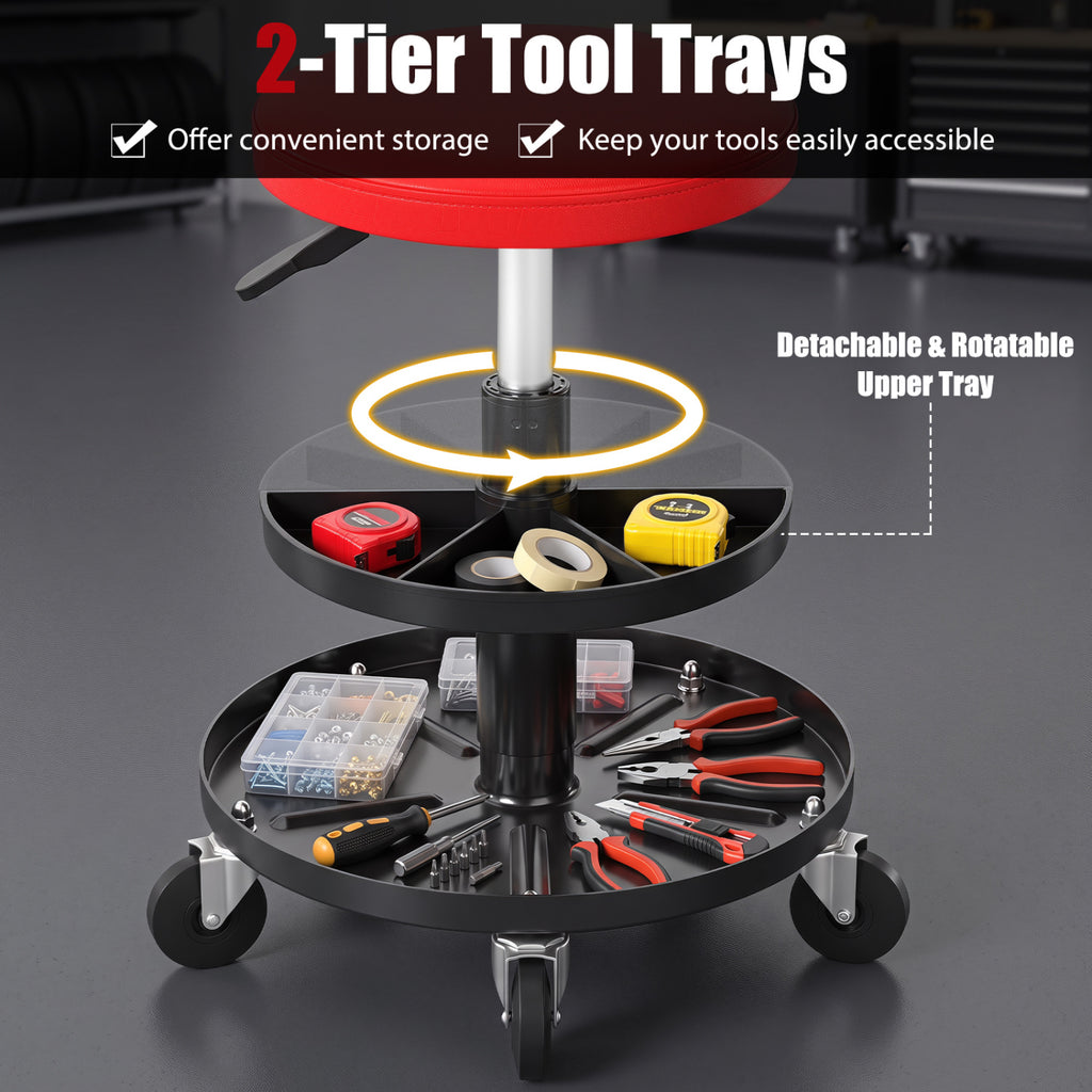 Adjustable Rolling Mechanic Stool with Tool Trays - Red