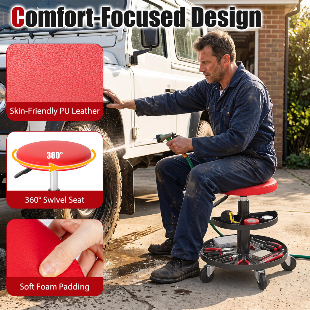 Adjustable Rolling Mechanic Stool with Tool Trays - Red
