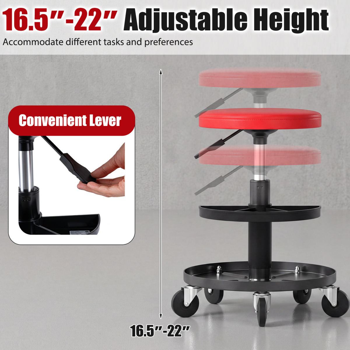 Adjustable Rolling Mechanic Stool with Tool Trays - Red