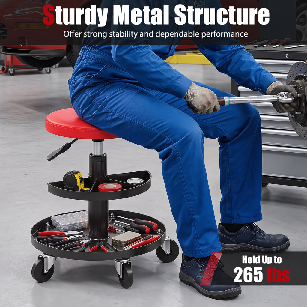 Adjustable Rolling Mechanic Stool with Tool Trays - Red