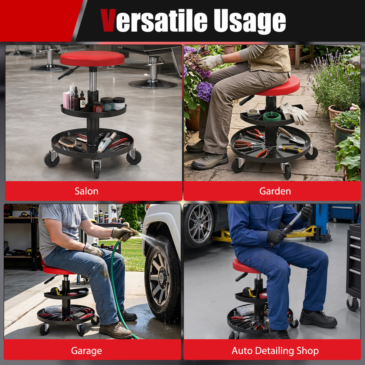 Adjustable Rolling Mechanic Stool with Tool Trays - Red