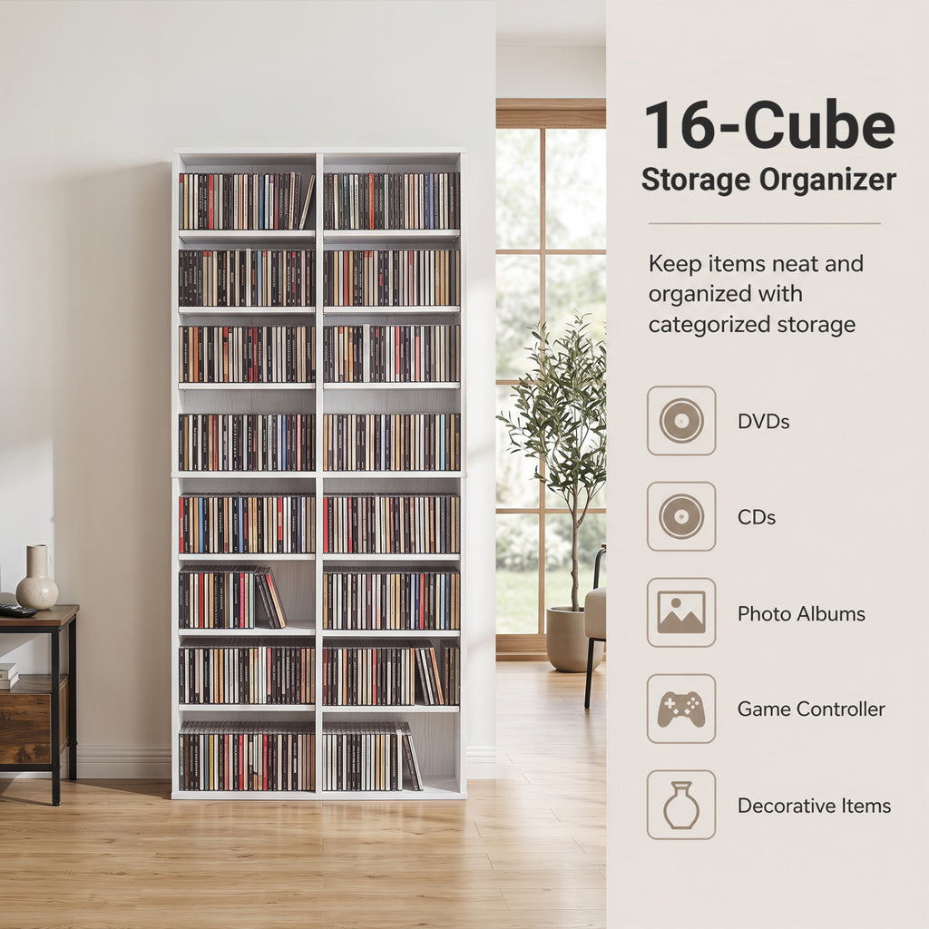 16 Compartment CD Storage Unit 54" Open Display Shelf White