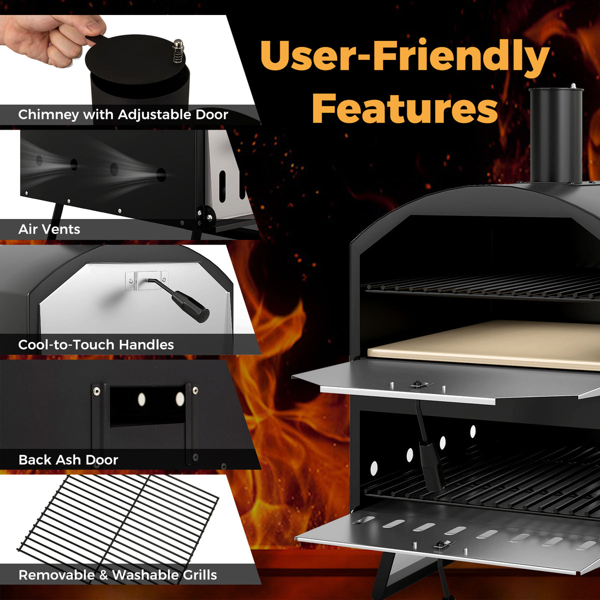 Outdoor 16 Inch 2-Layer Wood Fired Pizza Oven with Square Stone