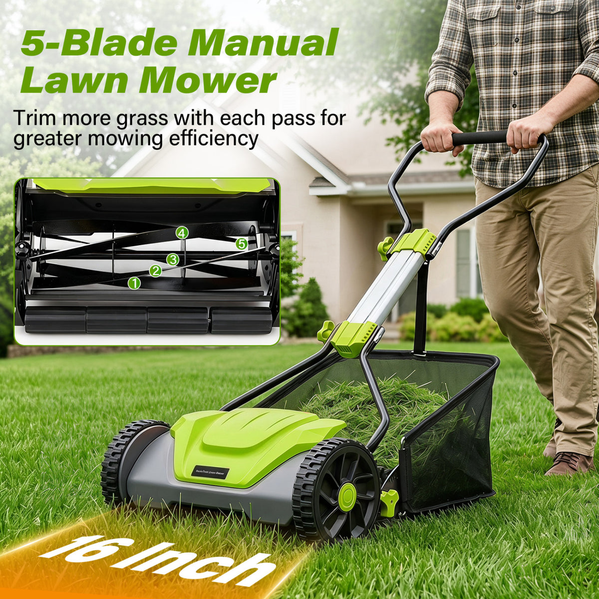 16 Inch Adjustable Cutting Heights 5-Blade Push Reel Lawn Mower with