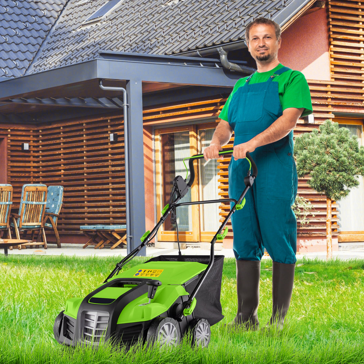 16-Inch Electric Dethatcher and Scarifier with Grass Bag - Green