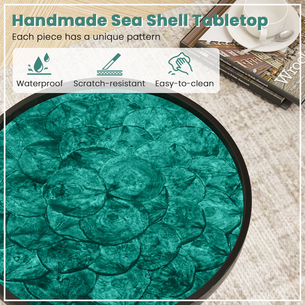 Mid-Century Coffee & End Table with Sea Shell Decoration - Green