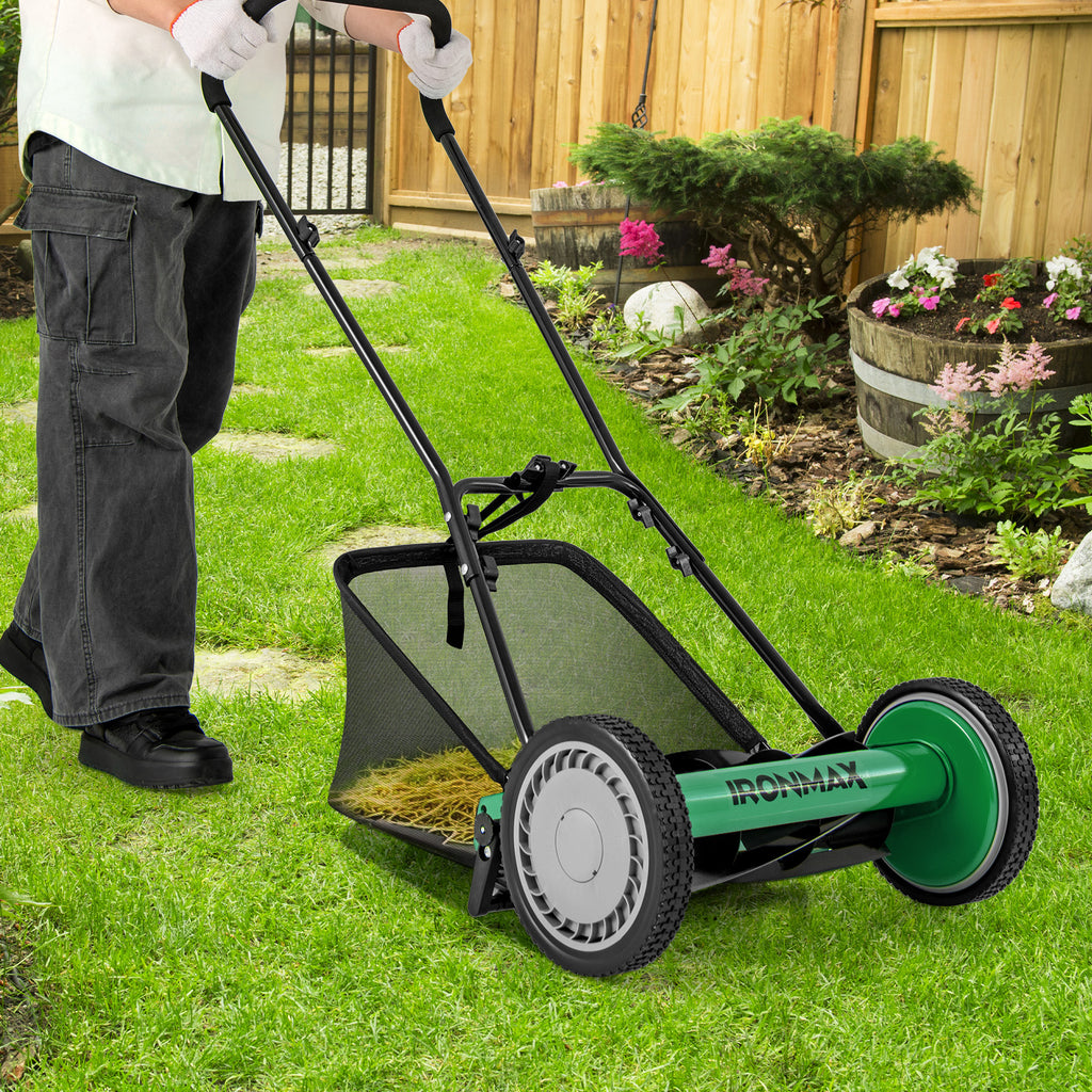 16 Inch Push Lawn Mower with 5 Blades & Grass Catcher - Green