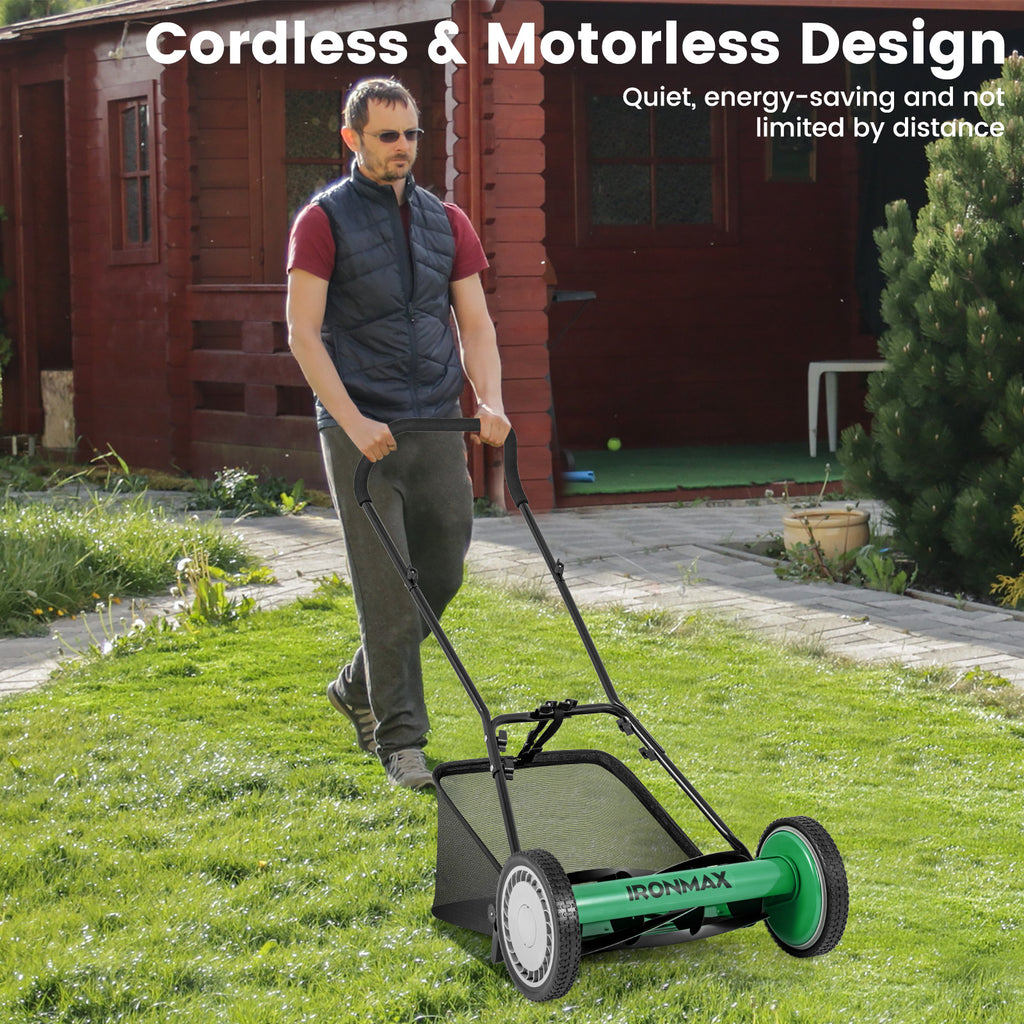 16 Inch Push Lawn Mower with 5 Blades & Grass Catcher - Green