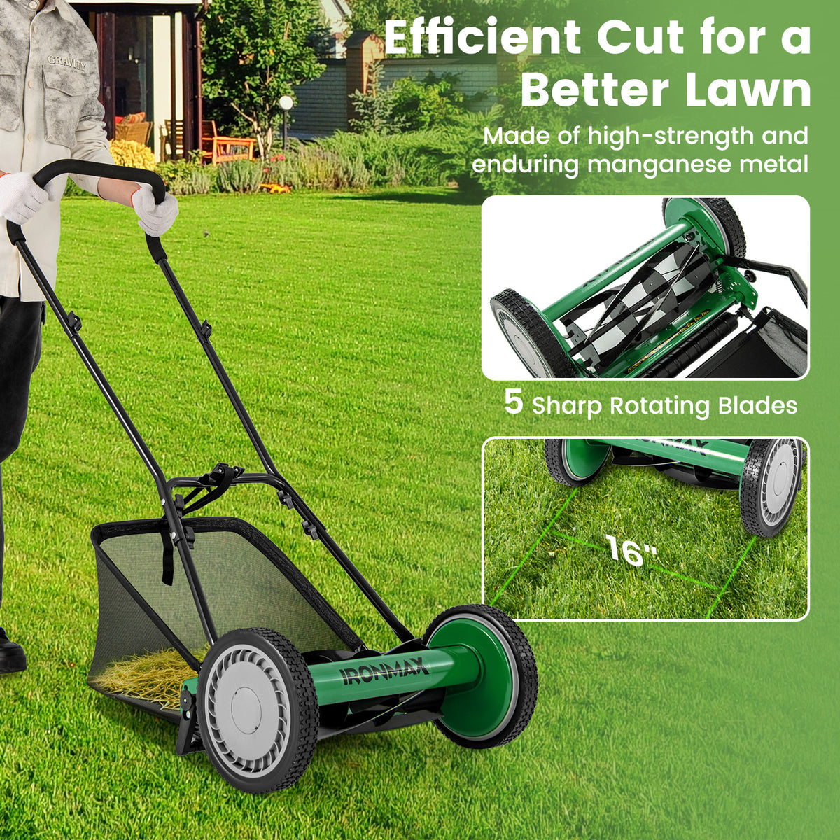 16 Inch Push Lawn Mower with 5 Blades & Grass Catcher - Green