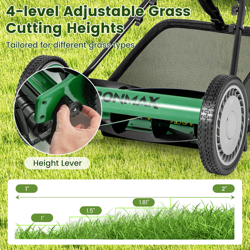 16 Inch Push Lawn Mower with 5 Blades & Grass Catcher - Green