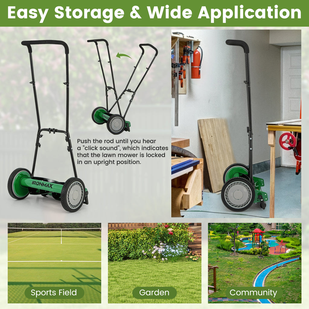 16 Inch Push Lawn Mower with 5 Blades & Grass Catcher - Green