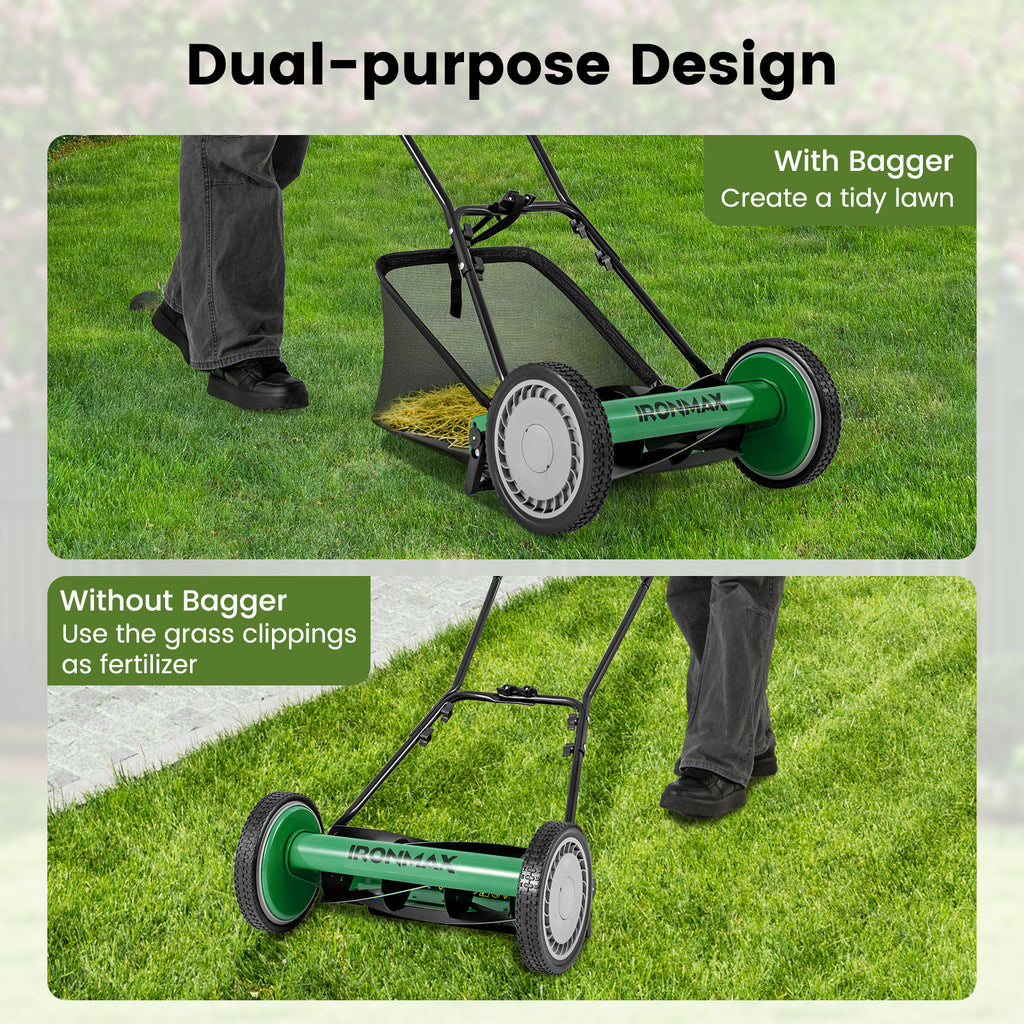 16 Inch Push Lawn Mower with 5 Blades & Grass Catcher - Green