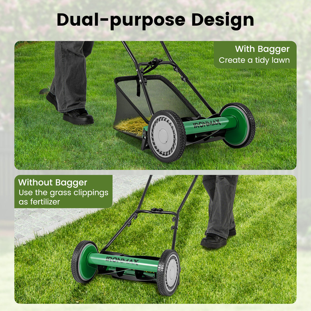 16 Inch Push Lawn Mower with 5 Blades & Grass Catcher - Green