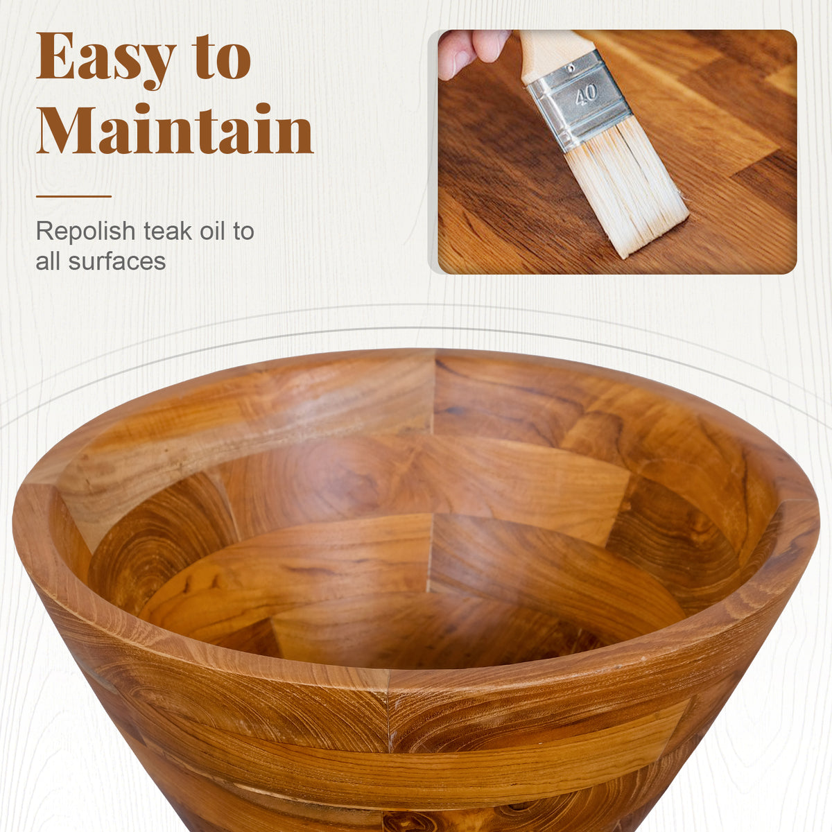 16 Inch Teak Wood Washbasin with Drainage Hole and Smooth Finish