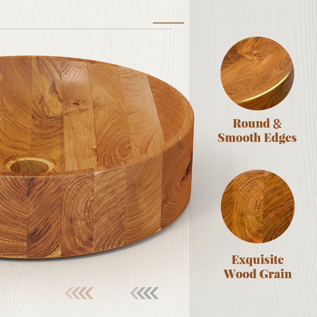 16 Inch Teak Wood Washbasin with Smooth Finish and Rounded Corners