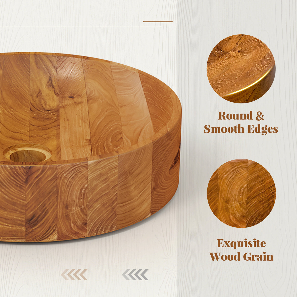 16 Inch Teak Wood Washbasin with Smooth Finish and Rounded Corners