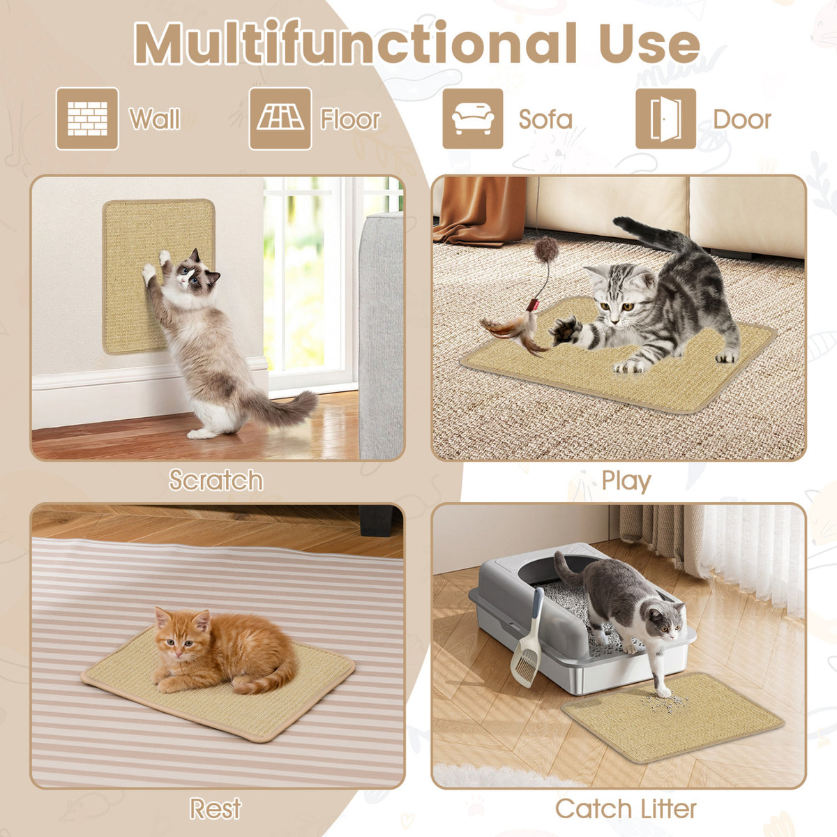 6 Pieces Cat Scratcher Mat Set - 12 Inch Natural Sisal Claw Protectors, Non-Slip Wall & Floor Scratchers for Cats