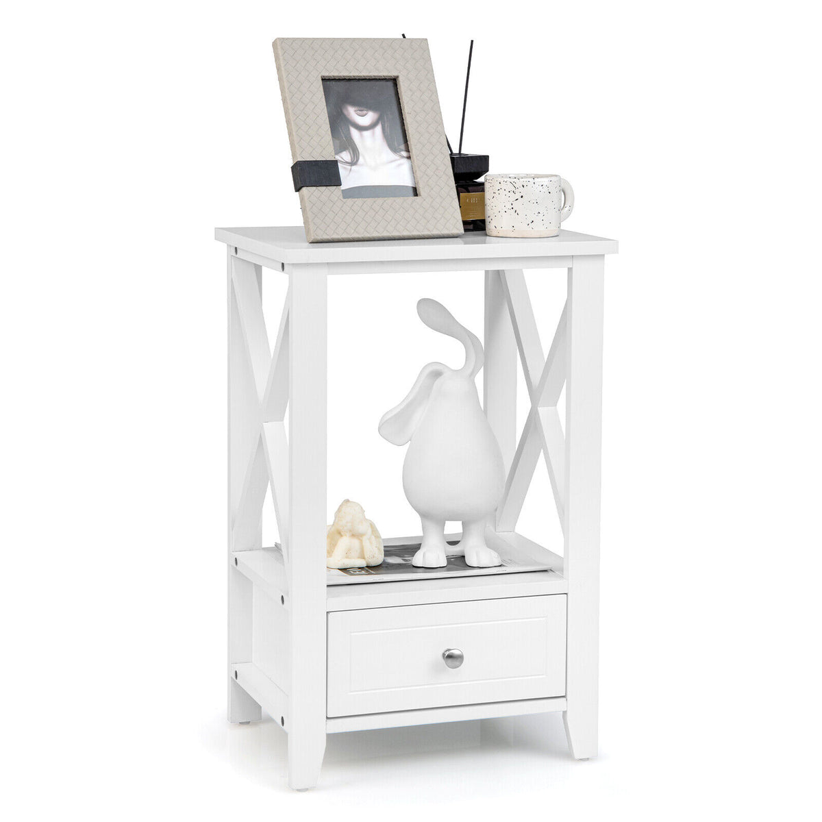 2-Tier Nightstand with Storage Drawer 16 x 14 Inch - White