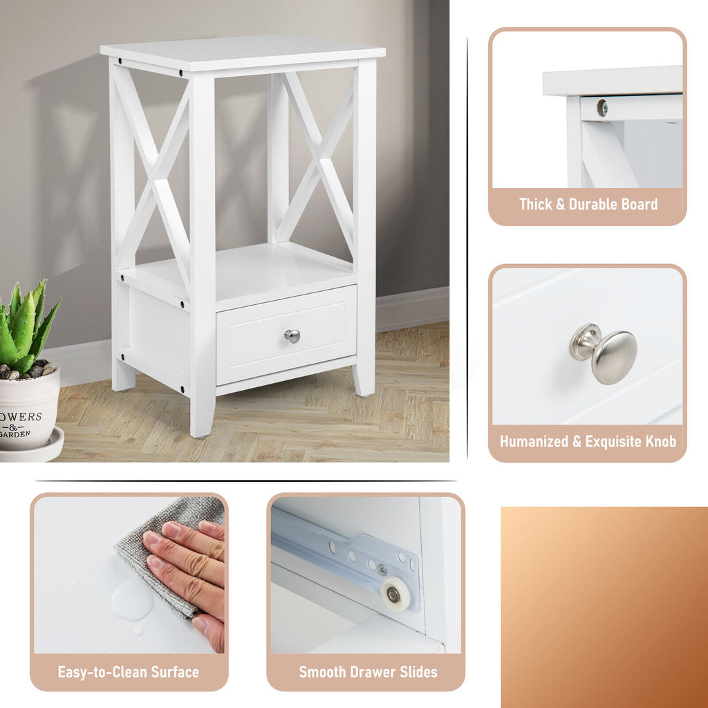 2-Tier Nightstand with Storage Drawer 16 x 14 Inch - White