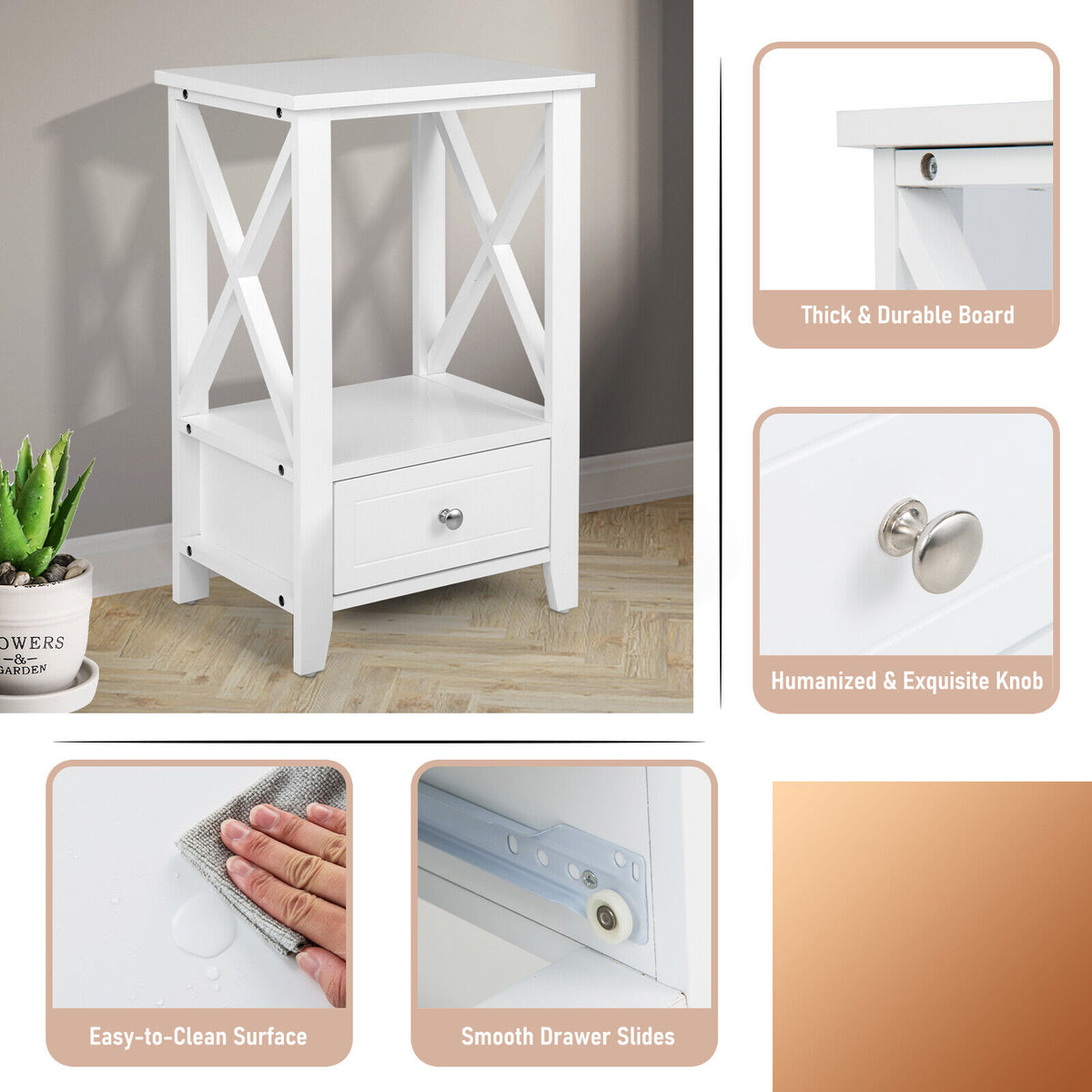 2-Tier Nightstand with Storage Drawer 16 x 14 Inch - White