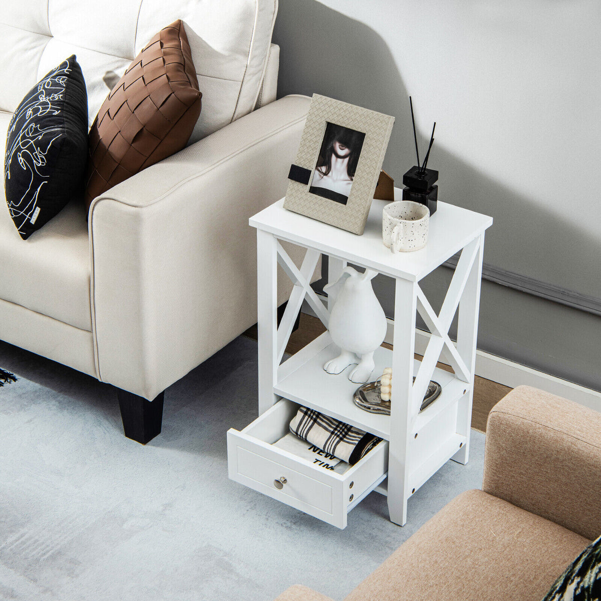 2-Tier Nightstand with Storage Drawer 16 x 14 Inch - White