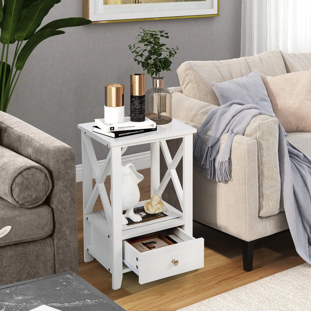 2-Tier Nightstand with Storage Drawer 16 x 14 Inch - White