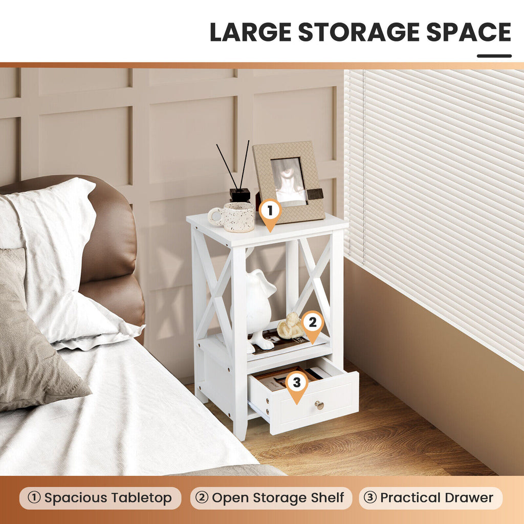 2-Tier Nightstand with Storage Drawer 16 x 14 Inch - White