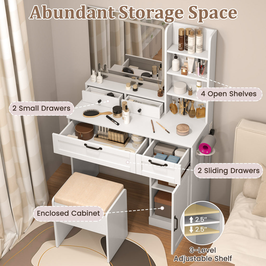 Makeup Vanity Set with Mirror, 3-Color Lighting & Stool – White