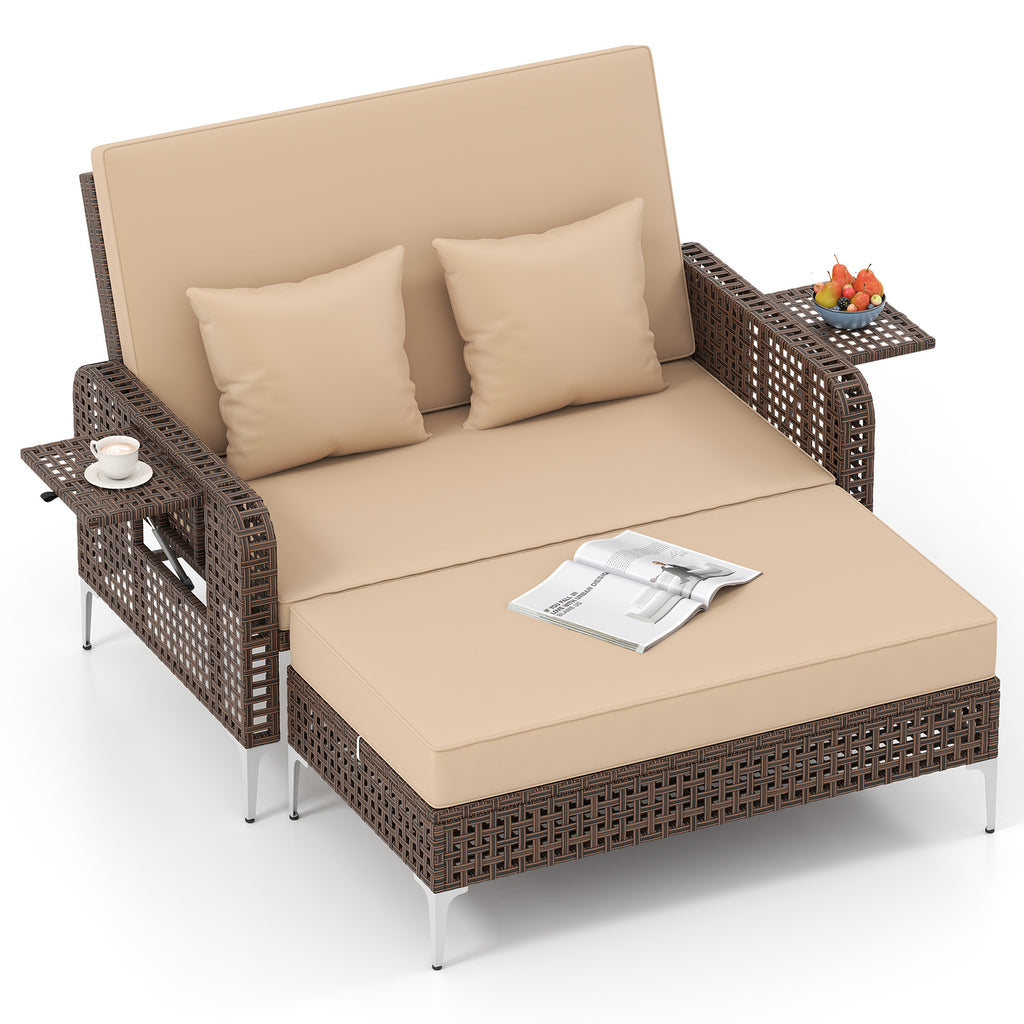 2 Piece Patio Rattan Daybed Wicker Loveseat and Ottoman with