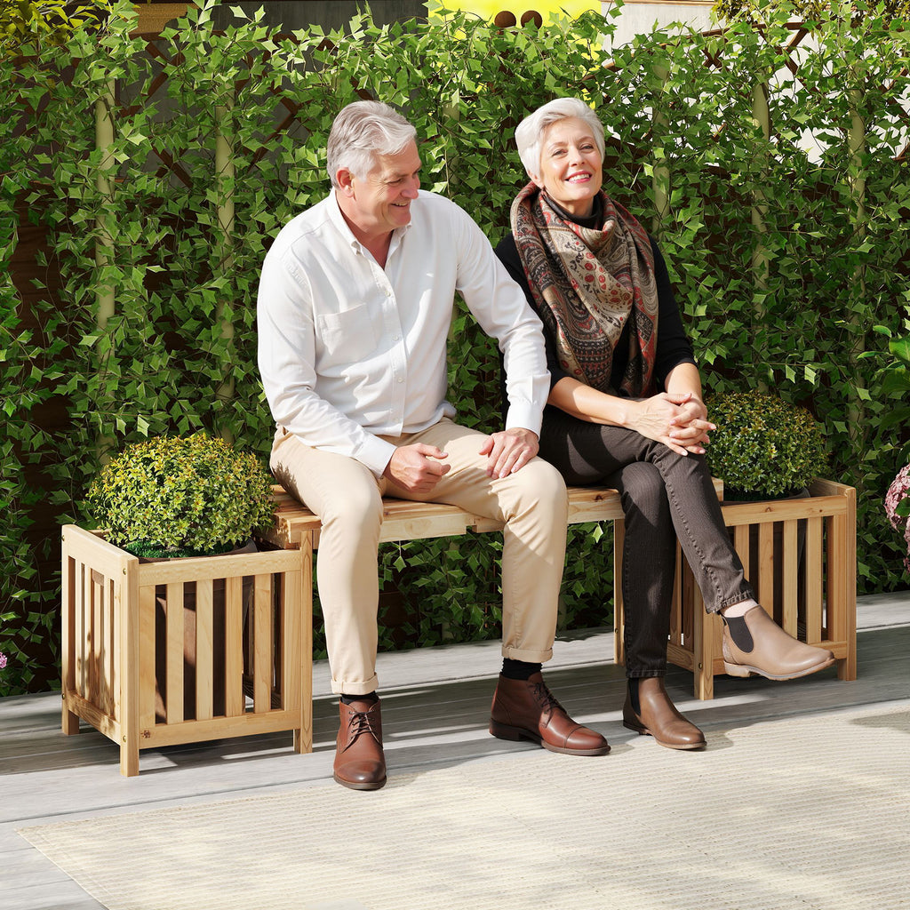 2-Person Wooden Patio Bench with Planter Boxes - Natural