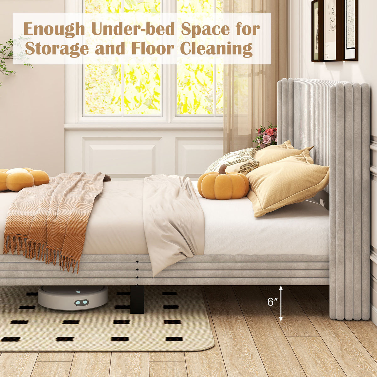 Queen Size Velvet Bed Frame with Wingback Headboard - White