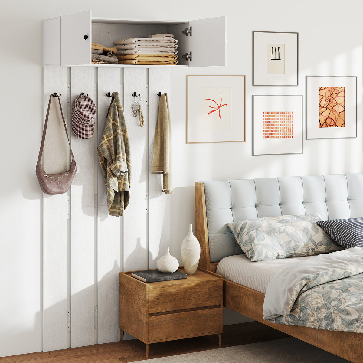 Wall Mounted Coat Rack with Storage Cabinet, White