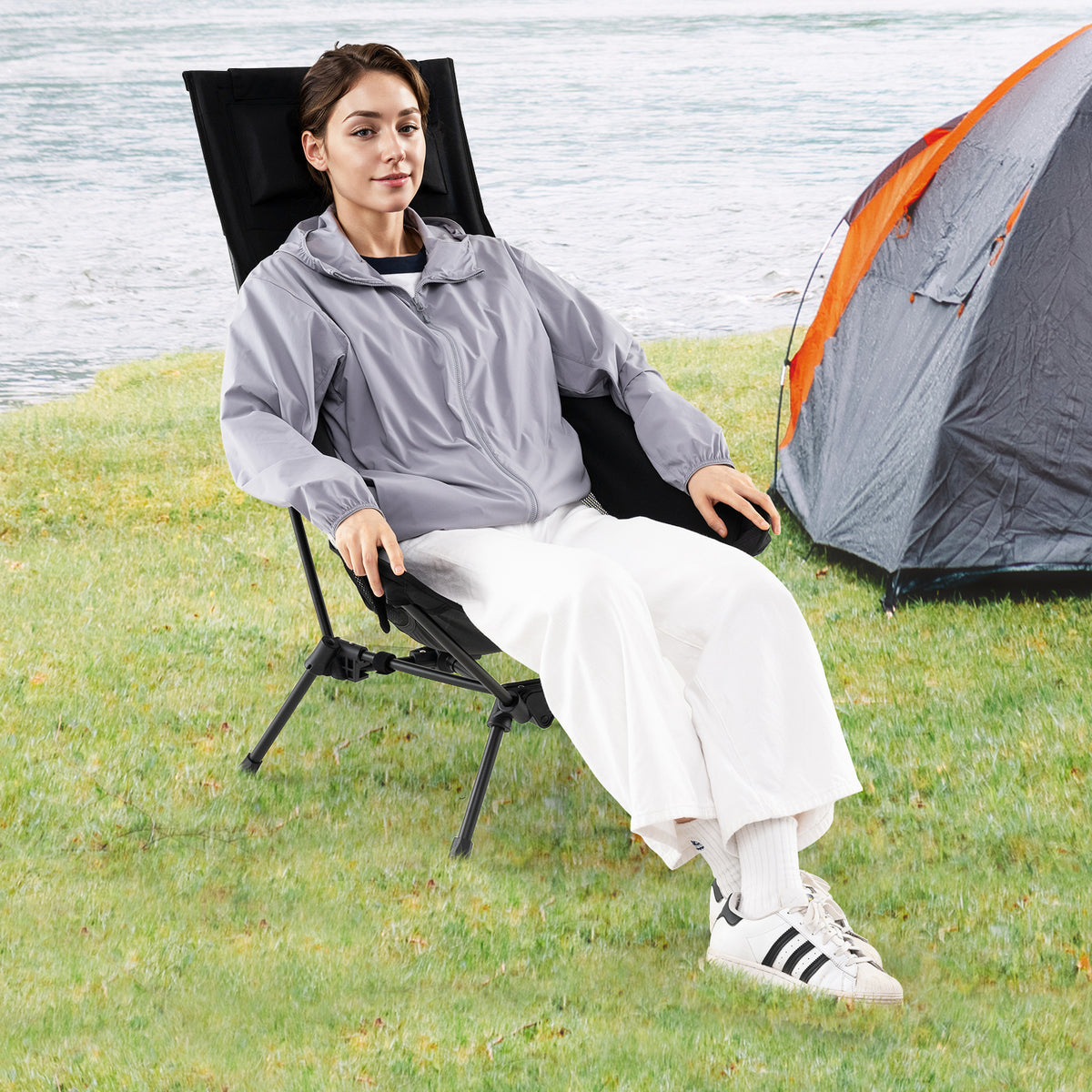 High Back Portable Camping Chair with Compact Carry Bag and Pillow
