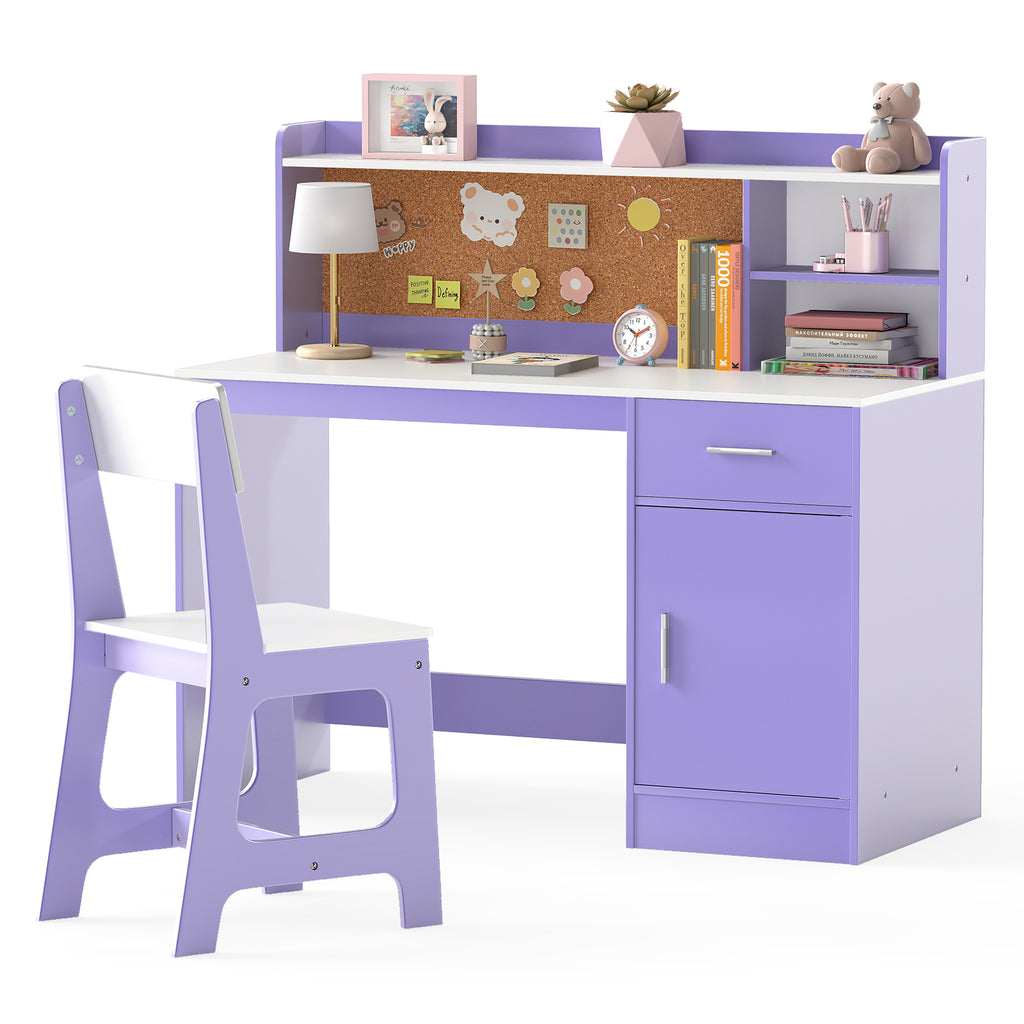 Kids Activity Study Desk and Chair Set, Purple - Childrens Learning Table with Shelves & Cork Board