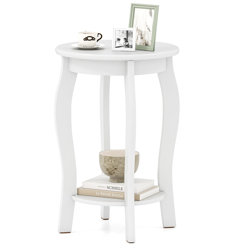15 Inch Round End Table with Storage Shelf - White