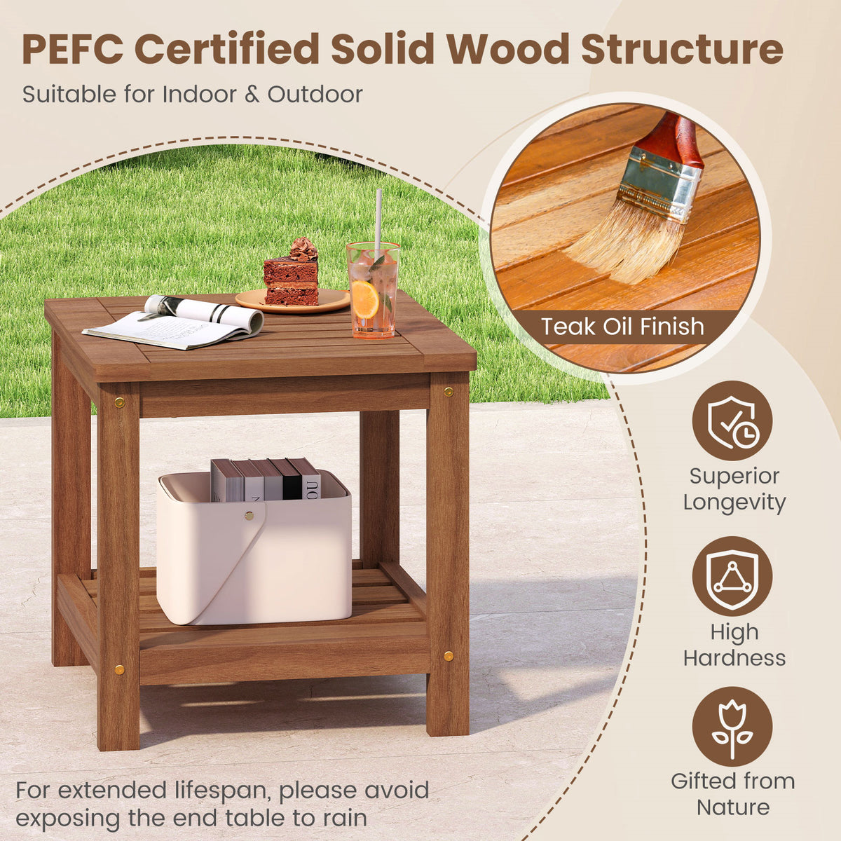 18" Solid Wood Outdoor Side Table with Storage Shelf