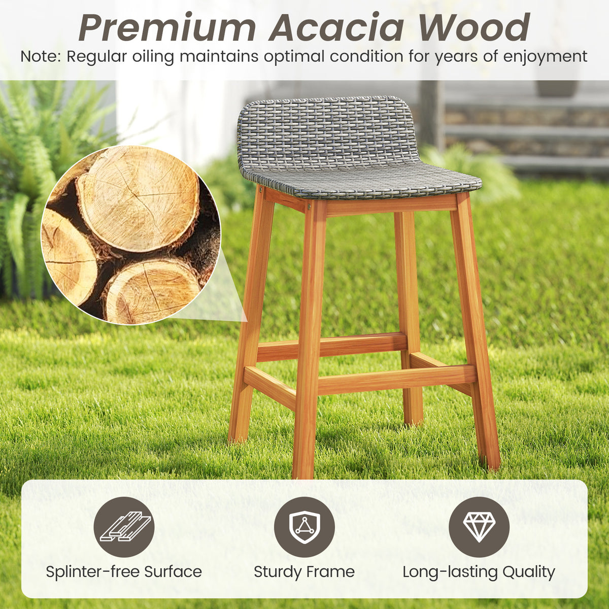 Acacia Wood Bar Stools Set of 2 with Backrests & Footrests – Gray