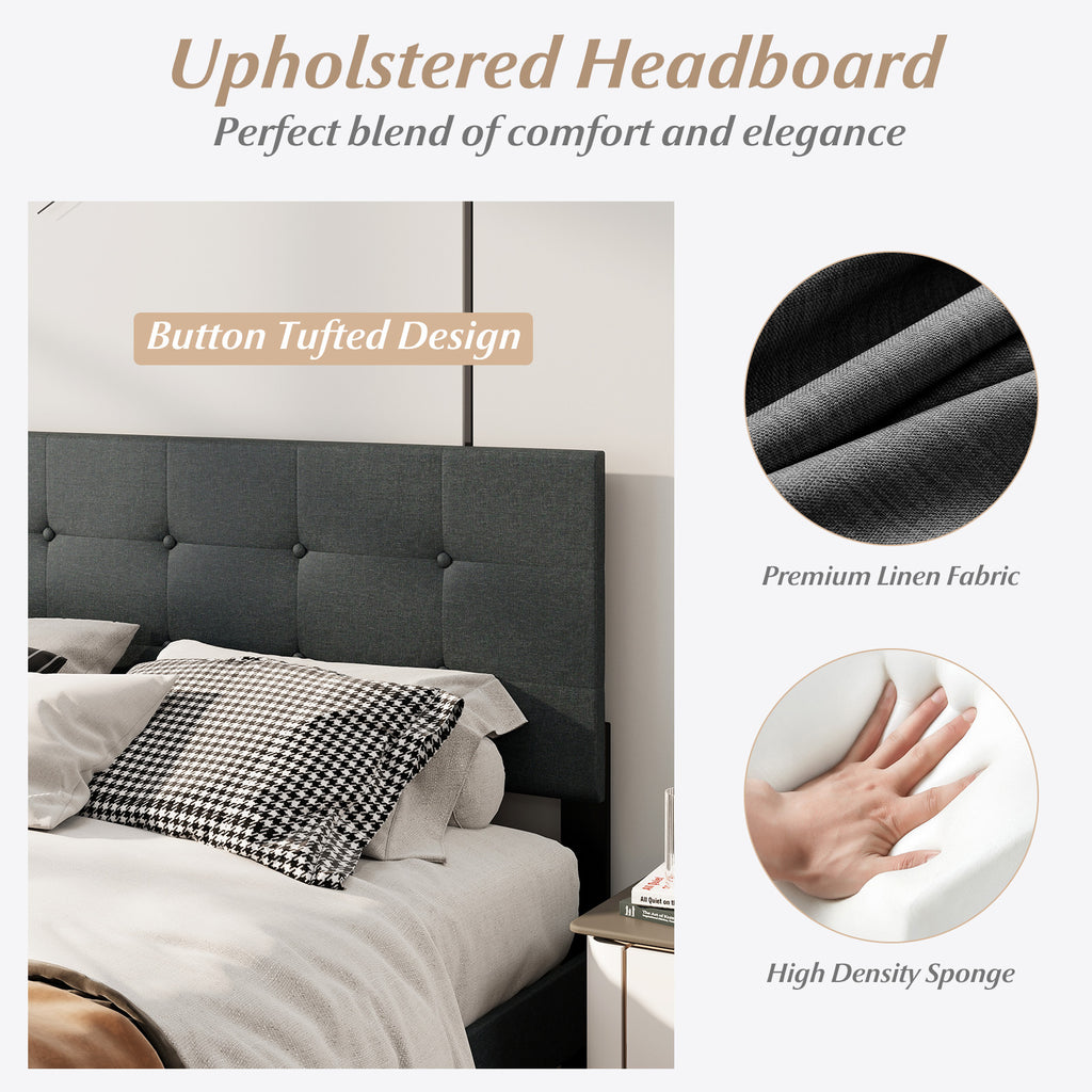 Queen Size Upholstered Bed Frame Linen Platform Bed - Dark Gray