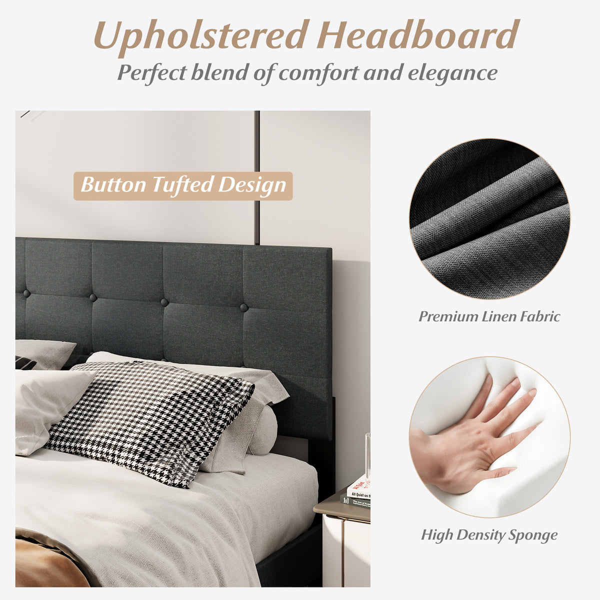 Queen Size Upholstered Bed Frame Linen Platform Bed - Dark Gray