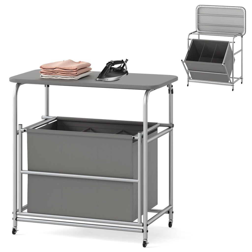 3-Section Laundry Sorter with Foldable Ironing Board, Gray