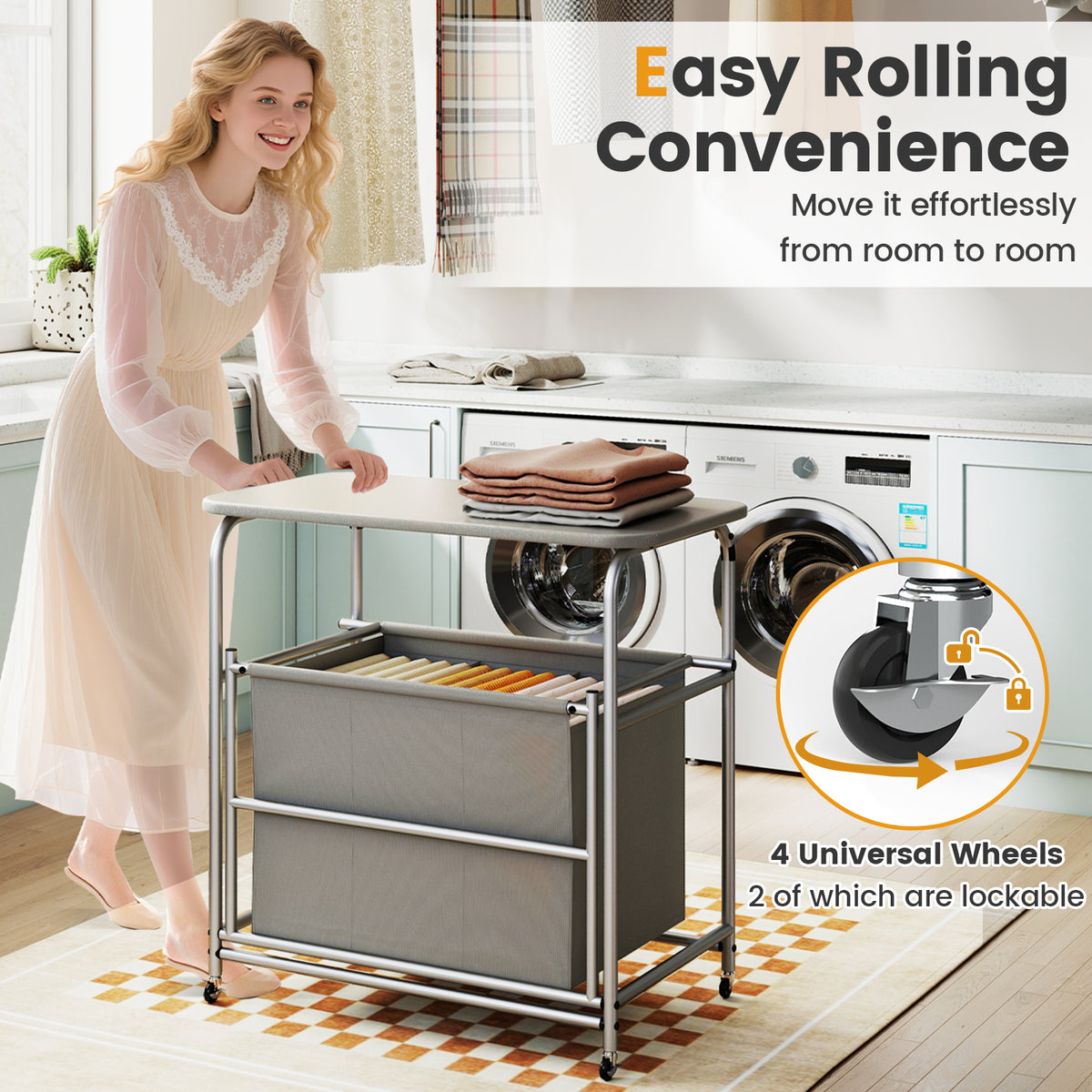 3-Section Laundry Sorter with Foldable Ironing Board, Gray