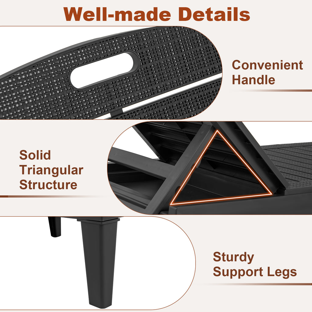 Outdoor PP Chaise Lounge Chairs Set of 2, 4-Position Adjustable – Black