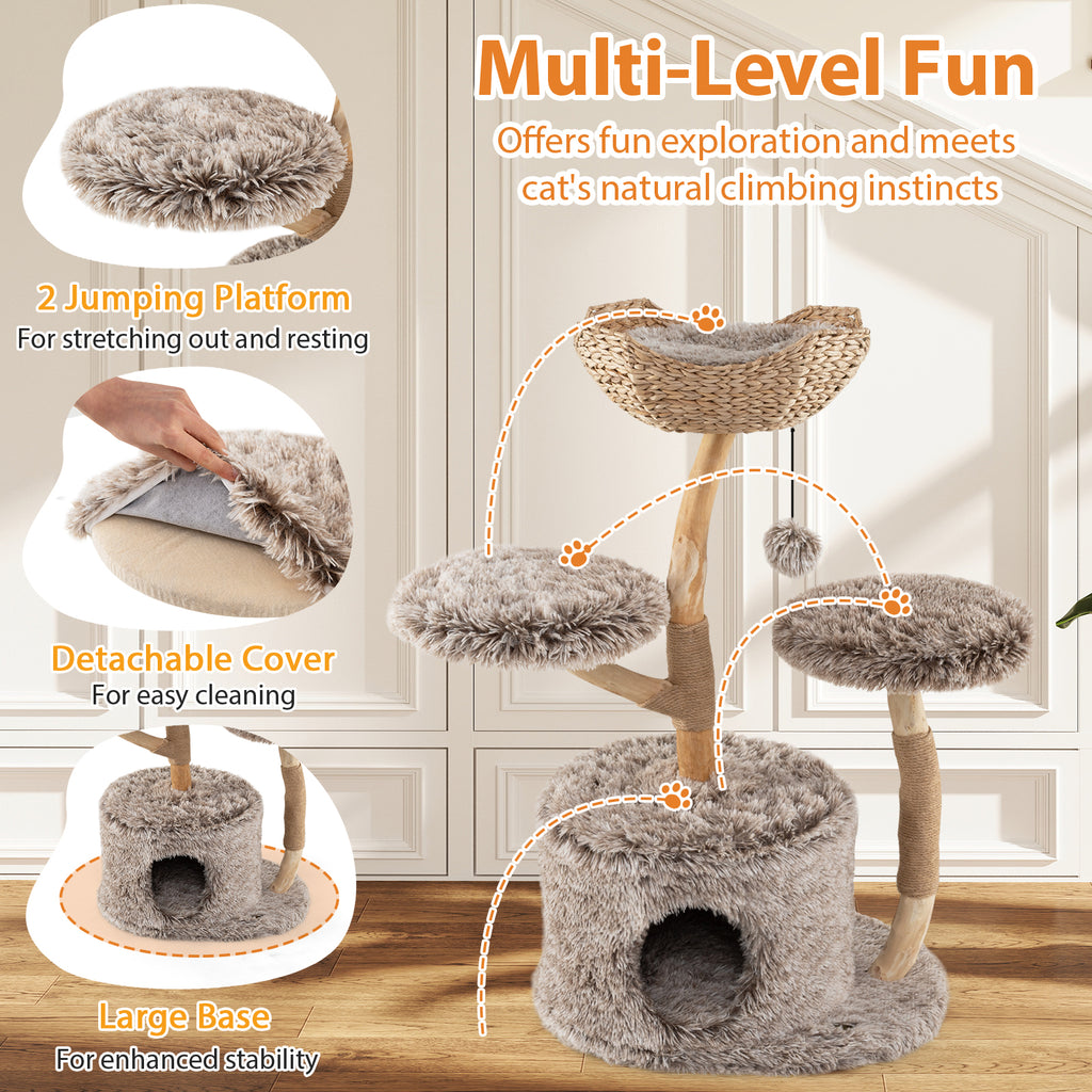 Wood Cat Tree Solid Pear Cat Tower with Perch & Sisal Posts - Brown