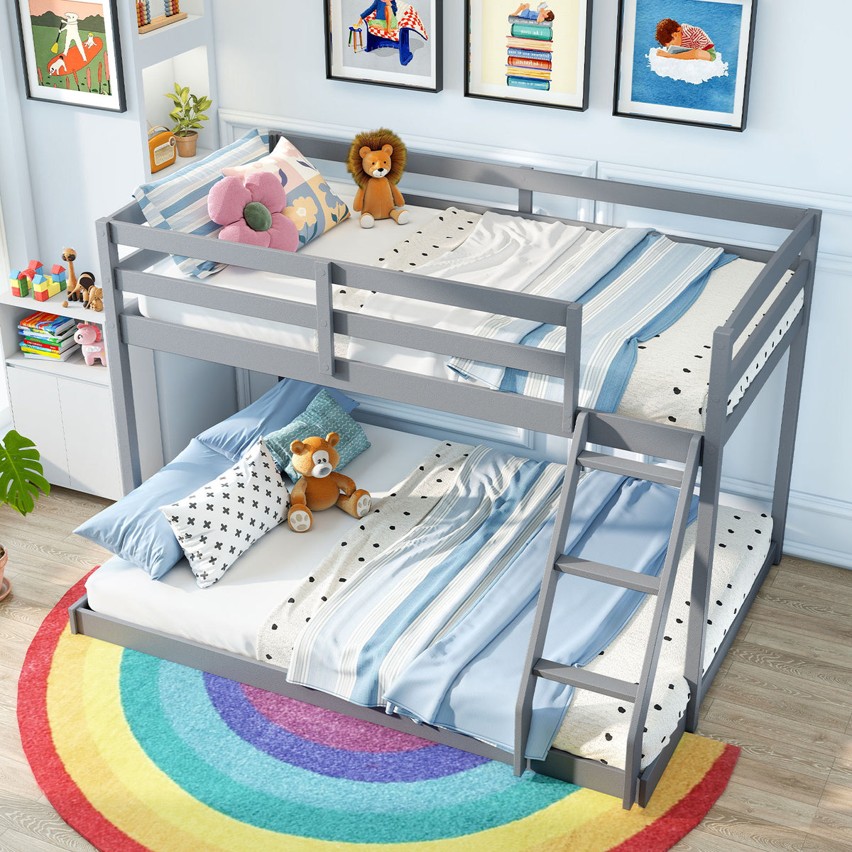 Twin Over Full Bunk Bed Low Floor Pine Wood - Gray