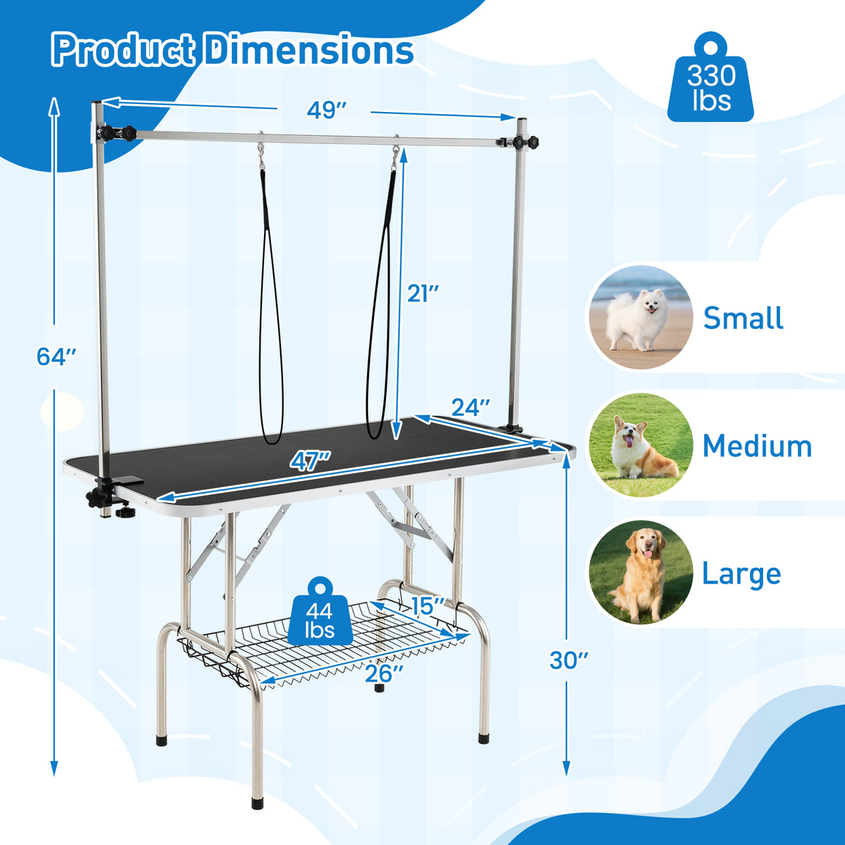 Foldable Dog Grooming Table with Height Adjustable Arms - Black - Space-Saving Pet Grooming Station