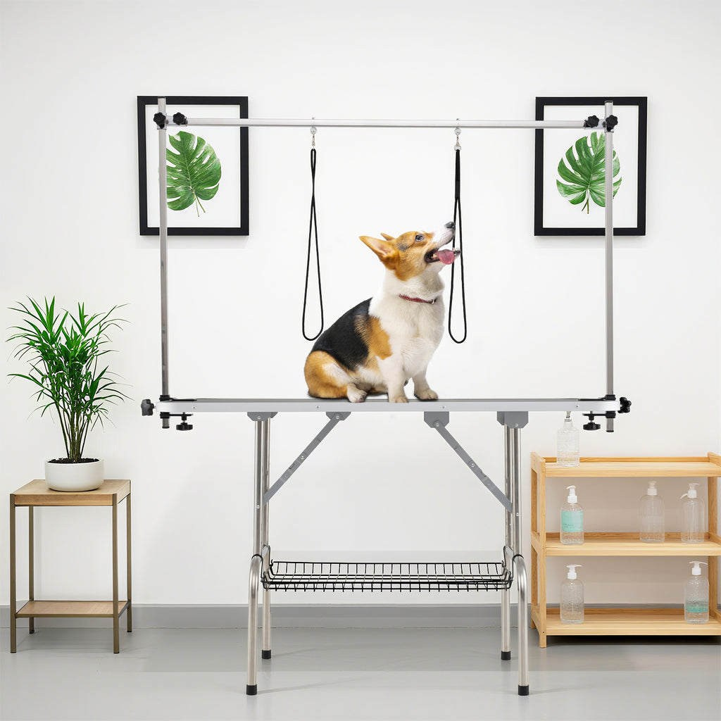 Foldable Dog Grooming Table with Height Adjustable Arms - Black - Space-Saving Pet Grooming Station
