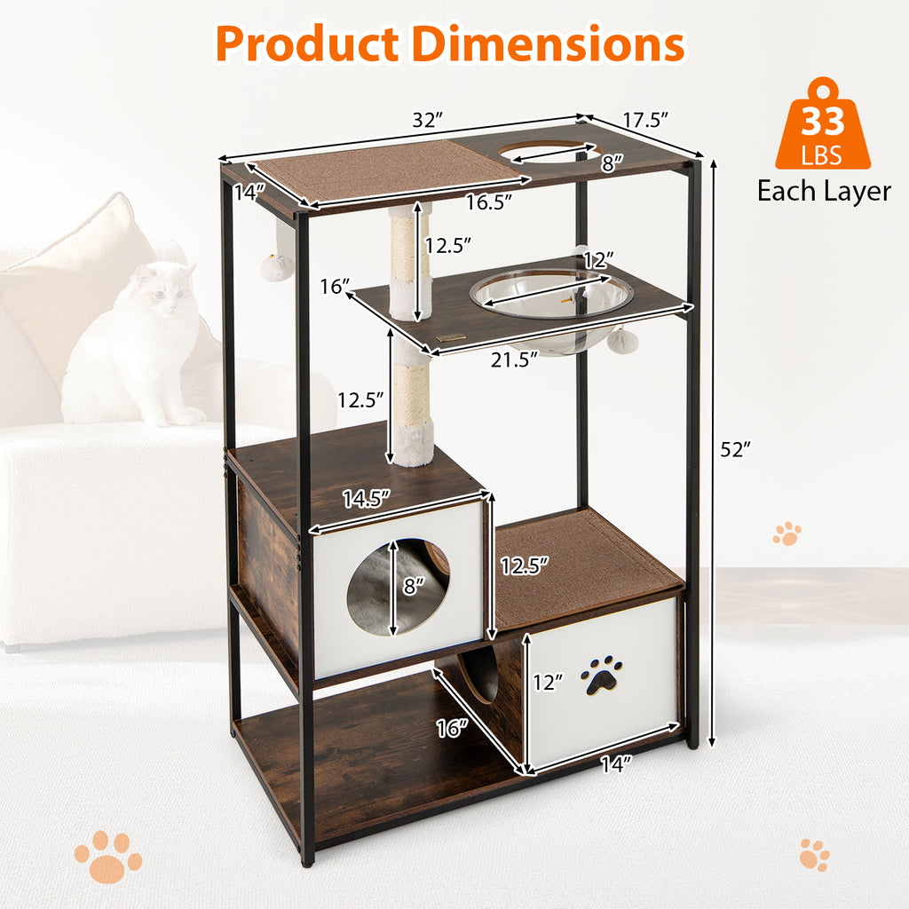 Wooden Cat Tree Tower with 2 Condos & Cushions - Style 2, Coffee