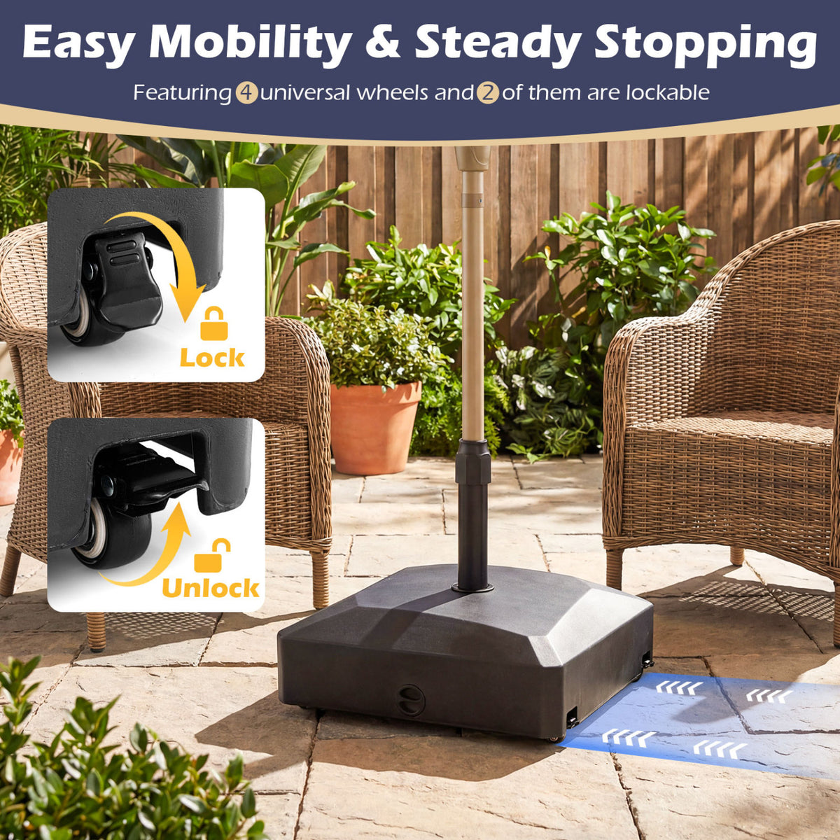 176 lbs Fillable Mobile Umbrella Base with Wheels & Locks - Black