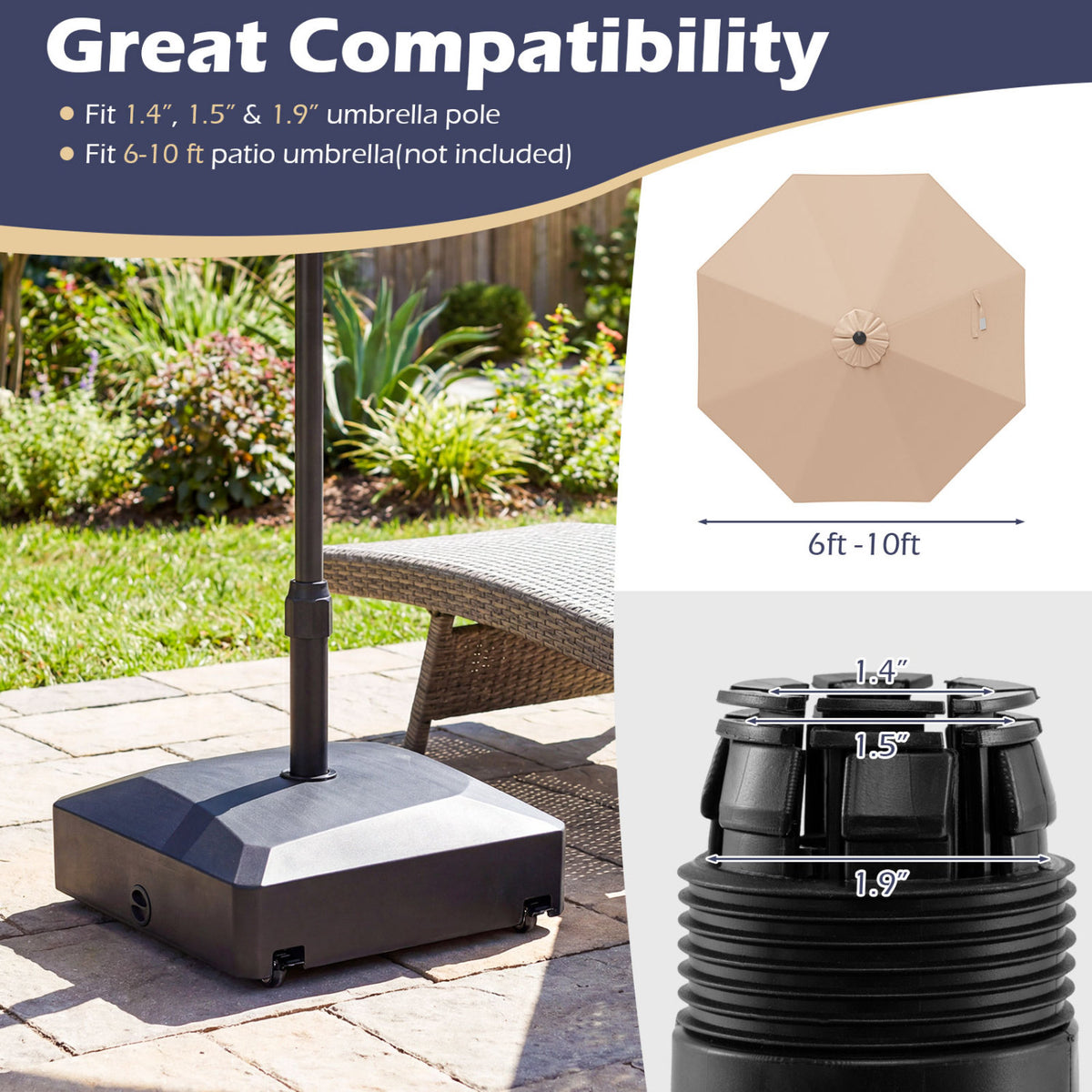 176 lbs Fillable Mobile Umbrella Base with Wheels & Locks - Black